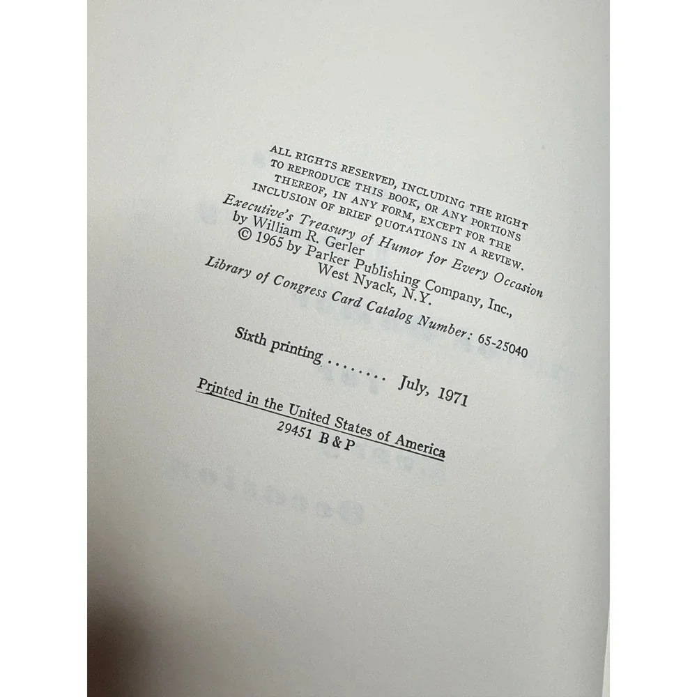 Executive's Treasury of Humor for Every Occasion William Gerler 1971 Hardcover